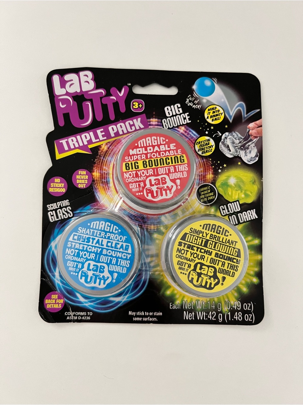 Lab Putty Triple Pack Big Bounce Crystal Clear Glow Sensory Toy NWT